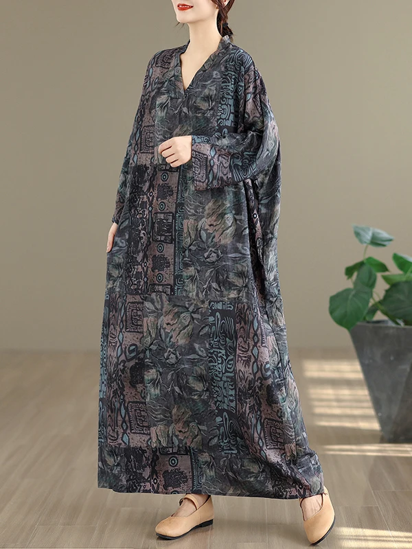 Retro V-ne Baumwolle Leinen Dr Blumendruck Urlaub Sle Reise Langer Rock Damenbekleidung Lose Taille H-pe Herbst Frühling