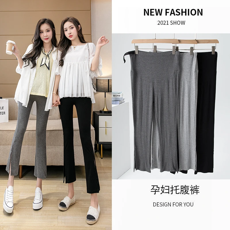 Spring Summer Pregnant Women's Nine-point Pants Ice Porcelain Cotton Thin Section Modal Split Trousers Slightly Flared Pants