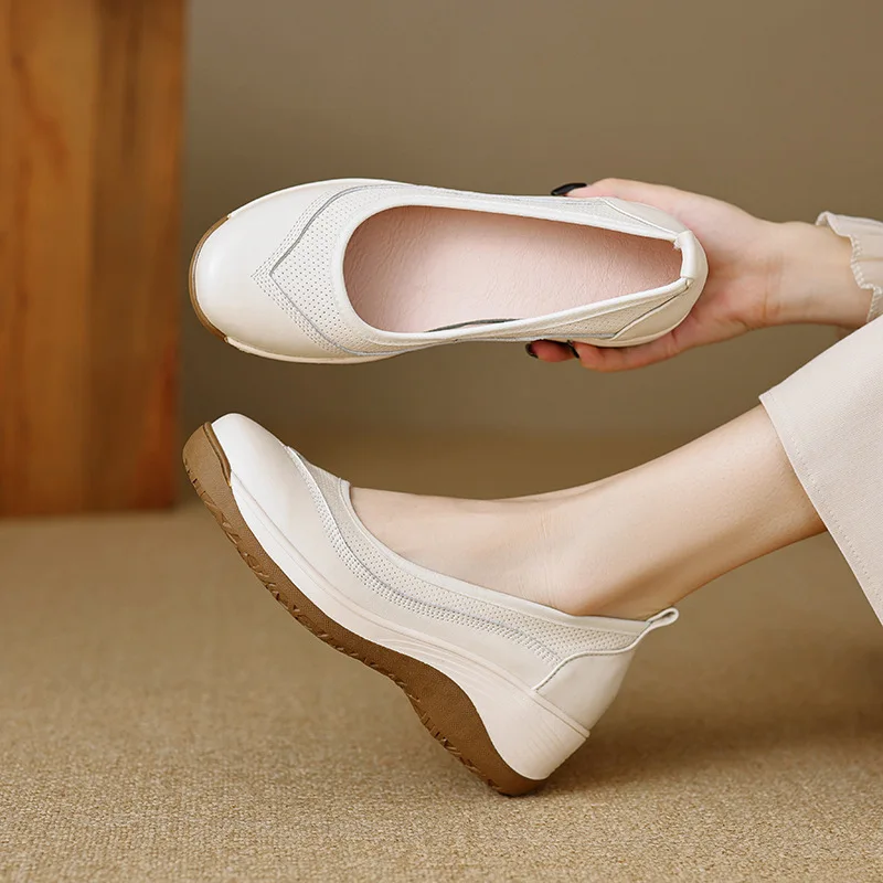 Retro thick-soled lazy muffin shoes female real soft leather round head pedal single autumn casual high-heeled leather shoes