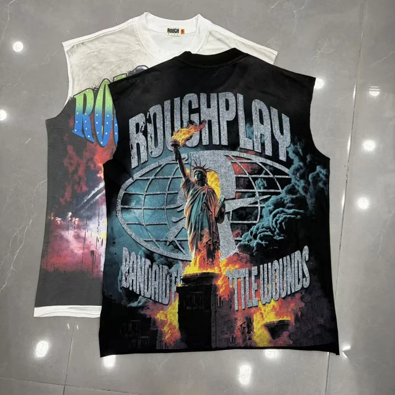 American Style Trend Men's Women's Rough Play Sleeveless Tops Summer Round Neck Letter Printed T-shirt
