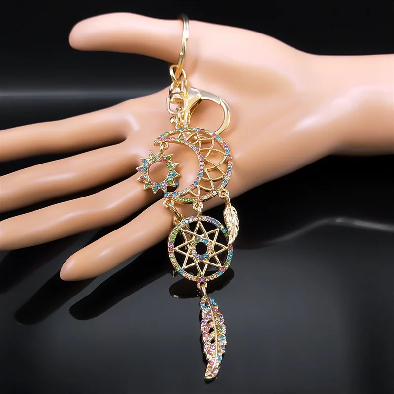 Fashion Dream Catcher Sun Moon Keychain for Women Pink Crystal Lovely Alloy Rhinestone Dreamcatcher Key Ring Jewerly K9215S04