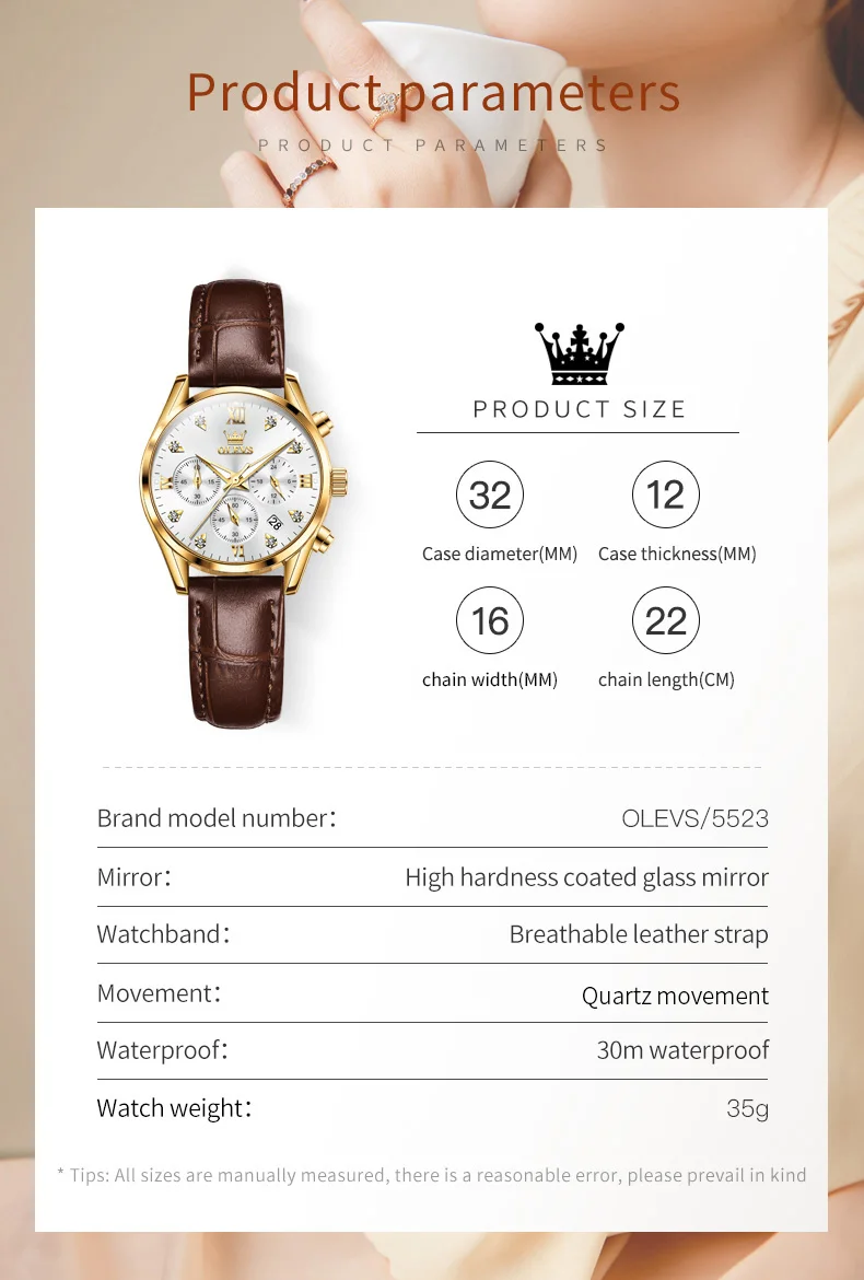 OLEVS 5523 TOP Brand Women\'s Watches Diamond Multi-function Watch Brown Strap Watch for Ladies