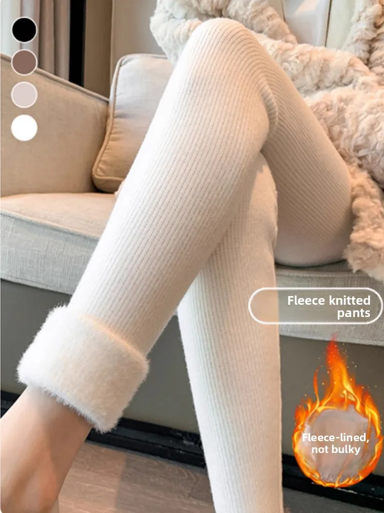 Women's High-Waist Fce-Lined Thiened Knitted Trousers Autumn Winter Outerwear Warm Leggings Slim Fit Cotton Pants