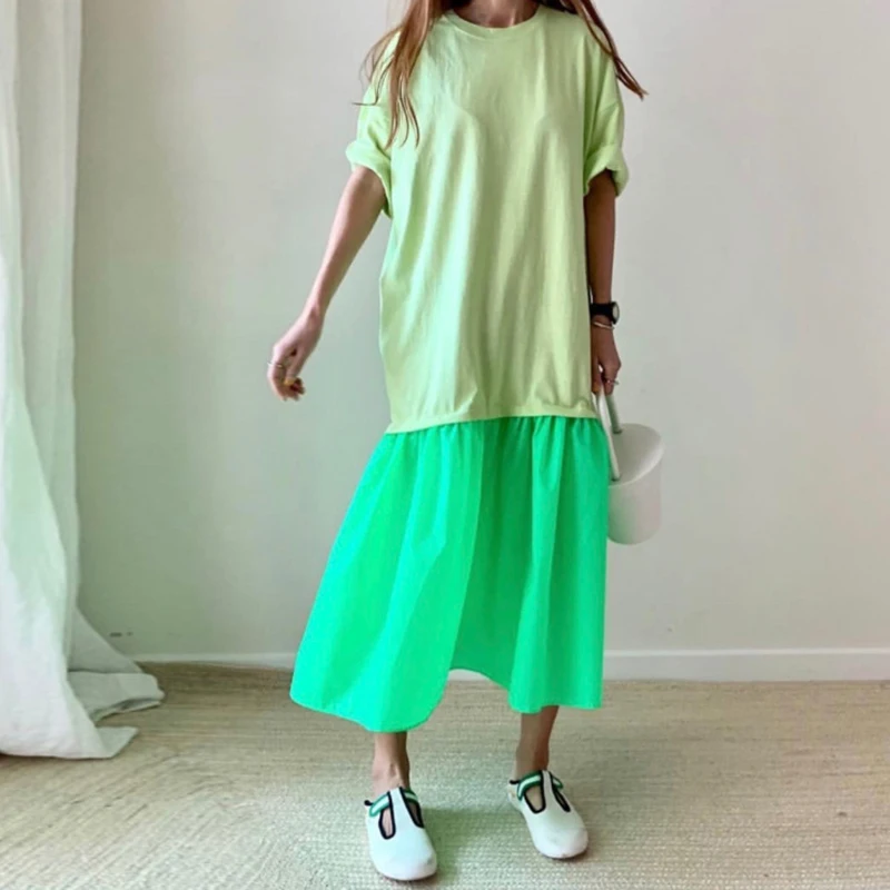 Chic Anti-âge rond Ne ample ourlet plissé couleur Blo T-shirt Sle Long Dr femmes coréen Sle trajet été Dr