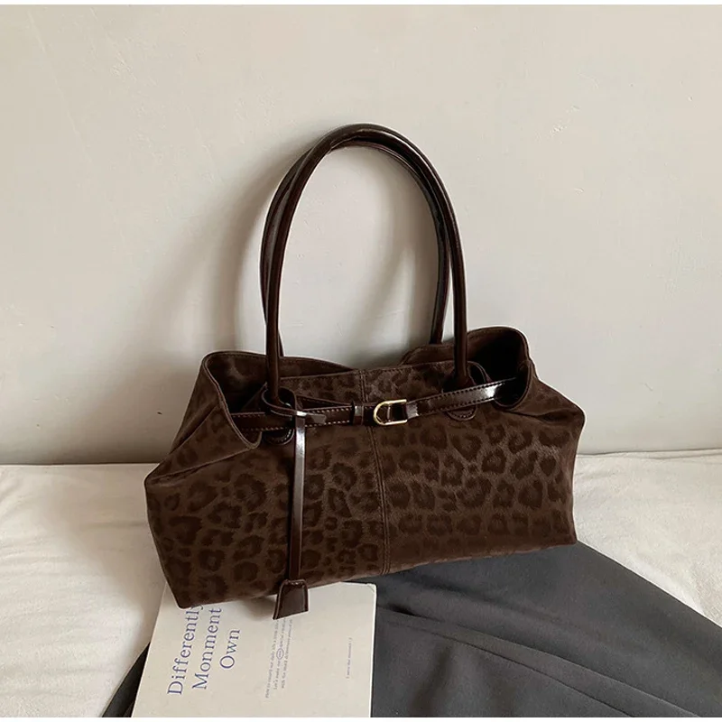 Leopardenmuster Gürtelschnalle Unterarm Umhängetasche, Vintage Große Kapazität Frauen Einkaufstasche, 2025 Herbst Winter Neue Top Griff Handtasche – Detail 16