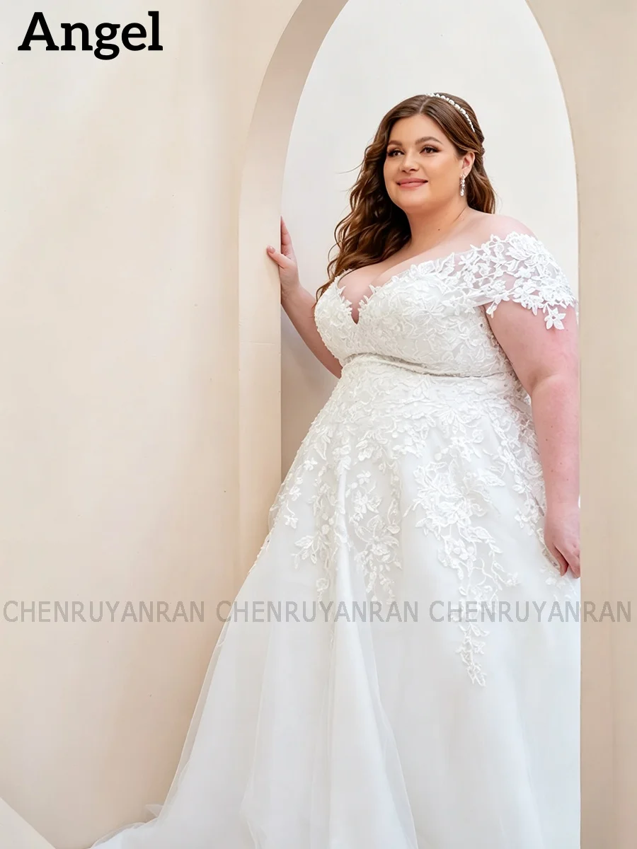 ANGEL Plus Size Tulle Wedding Dresses 2026 V-neck A-line Bride Dress With Train Applique Bridal Gowns Vestidos De Novia Custom