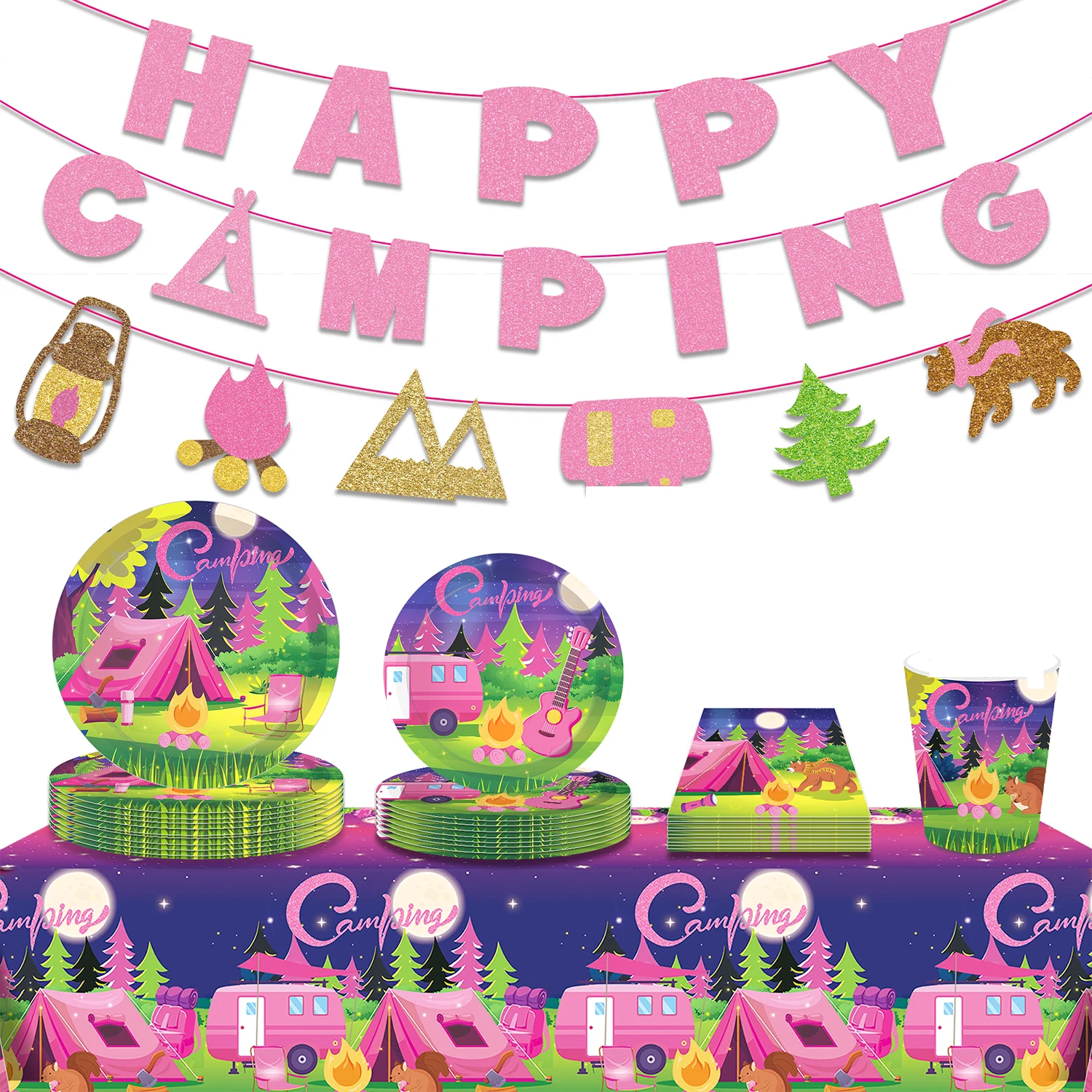 Cartoon Camping Picknick Party Einweg Geschirr Sets Outdoor Camper Zelt Geburtstag Teller Tassen Servietten Baby Shower Party Decor – Detail 7