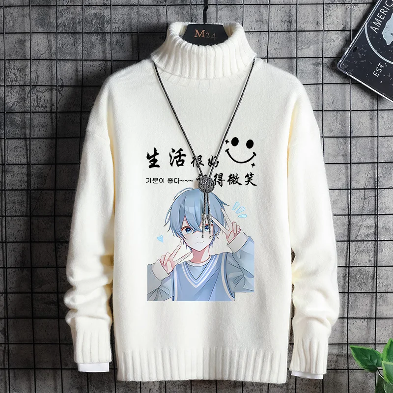 

Корейский утепленный флисовый свитер с высоким воротником, мужской повседневный вязаный свитер с принтом, для пар, осенне-зимний, теплый, мягкий, из полиэстера