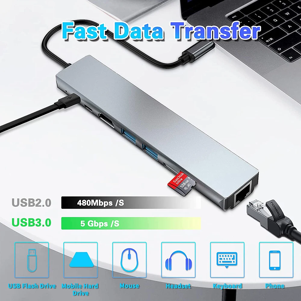 USB C HUB 3.0 USB Splitter 8 in 1 Type C to HDMI RJ45 PD 87W Adapter USB 3.0 HUB With SD TF Card Read 3 Hab For Macbook Air iPad