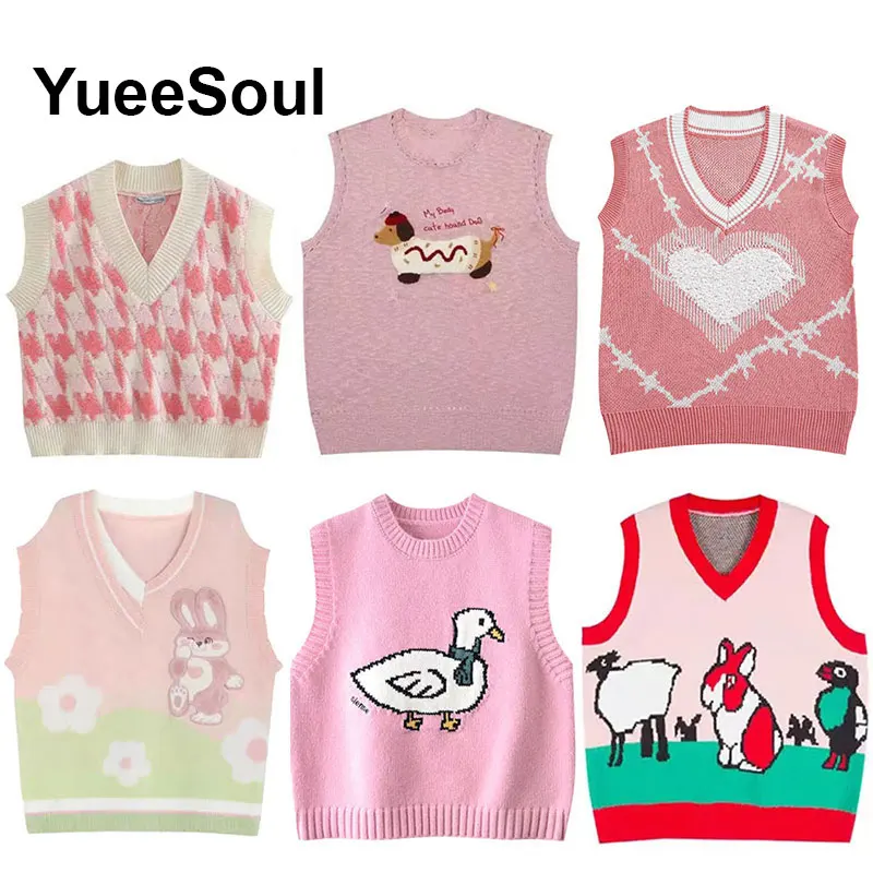 

Розовый свитер, жилет, вязаный пуловер без рукавов, жилет большого размера, трикотаж, новинка осени 202, Y2K, милый милый повседневный женский жилет