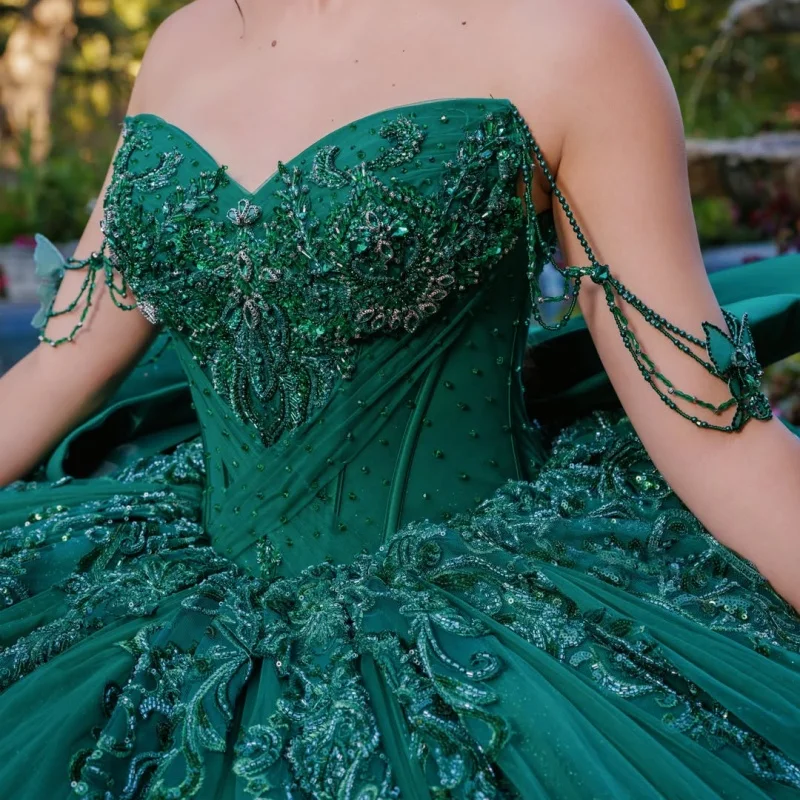 Dark Green Quinceanera Dress Crystal Glitter Flower Decal Long tail off-shoulder Layering Bow Vestidos De 15 Quinceanera ﻿Custom