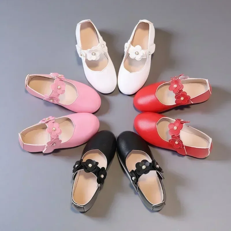Spring Autumn Girls Flower Princess Shoe Kids Soft-Soled Mary Jane Strap Shoe Children Pebble Student Shoes Daily Casual Shoes