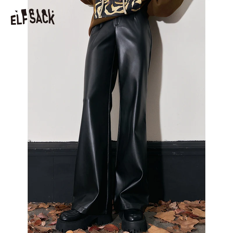 

ELFSACK Gyaru Black PU Pants Women 2023 Winter High Waist Designer Fashion Trousers