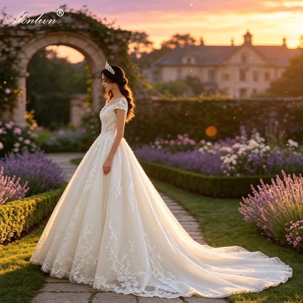 Alonlivn Custom Made Unique Appliques Lace Ball Gown Wedding Dress  Beading Pearls O-Neck Lace Up Bridal Skirt