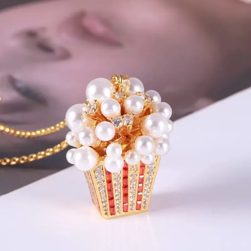 Gorgeous and Exquisite Multi Zircon Gold Color Inlaid Imitation Pearls Popcorn Necklace Women\'s High End Luxury Jewelry Necklace