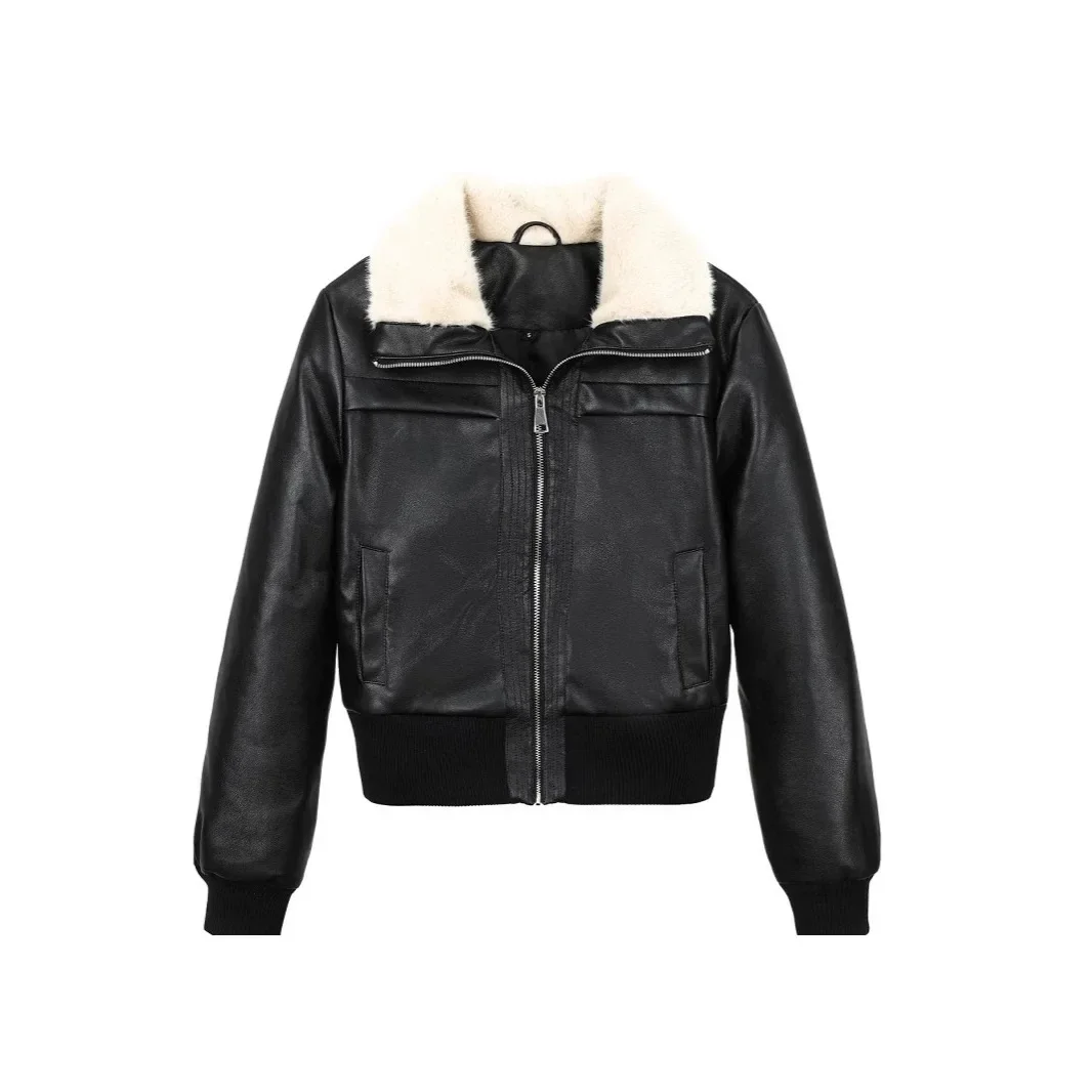 Leather jacket women's American retro flight suit jacket women's loose and thin black fur integrated coat