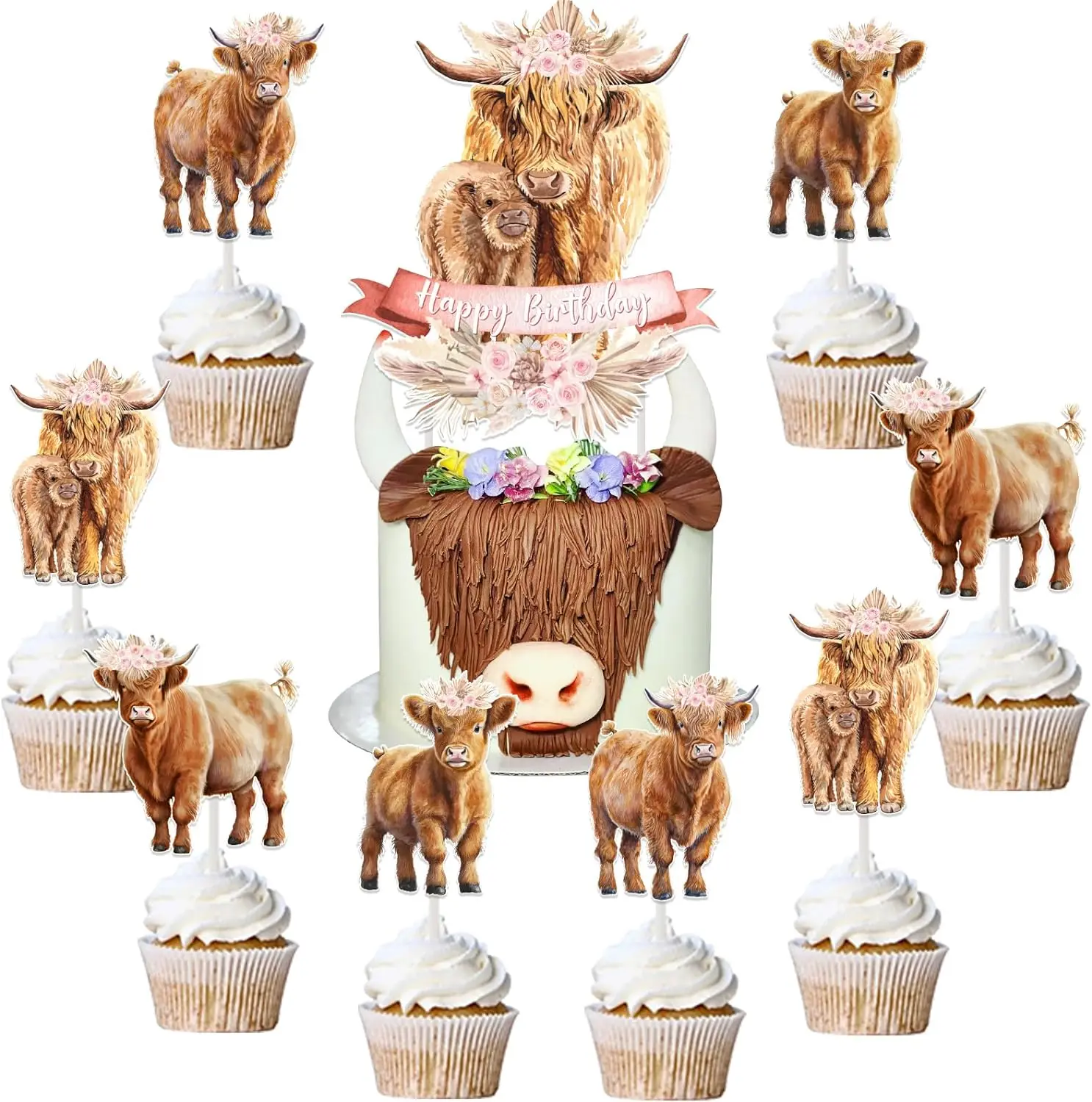 

Highland Cow Cake Topper Birthday Decor Highland Cattle Party Supplies Boho Retro Floral Highland Holy Cow Farm Animal Birthday