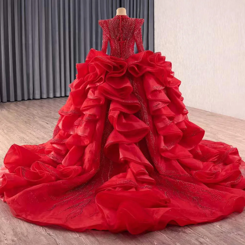

Красное роскошное вечернее платье 2026 года с длинными рукавами, расшитое кристаллами и бисером, с застежкой на пуговицах сзади для особых случаев