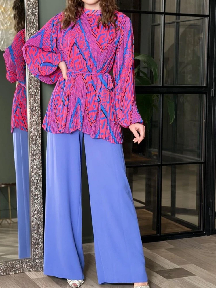 Eid Muslim Set Women 2 Piece Sets Musulman Ensemble Split Print Lace Up Blouses Wide Leg Pants Casual Arabic Ramadan Suits