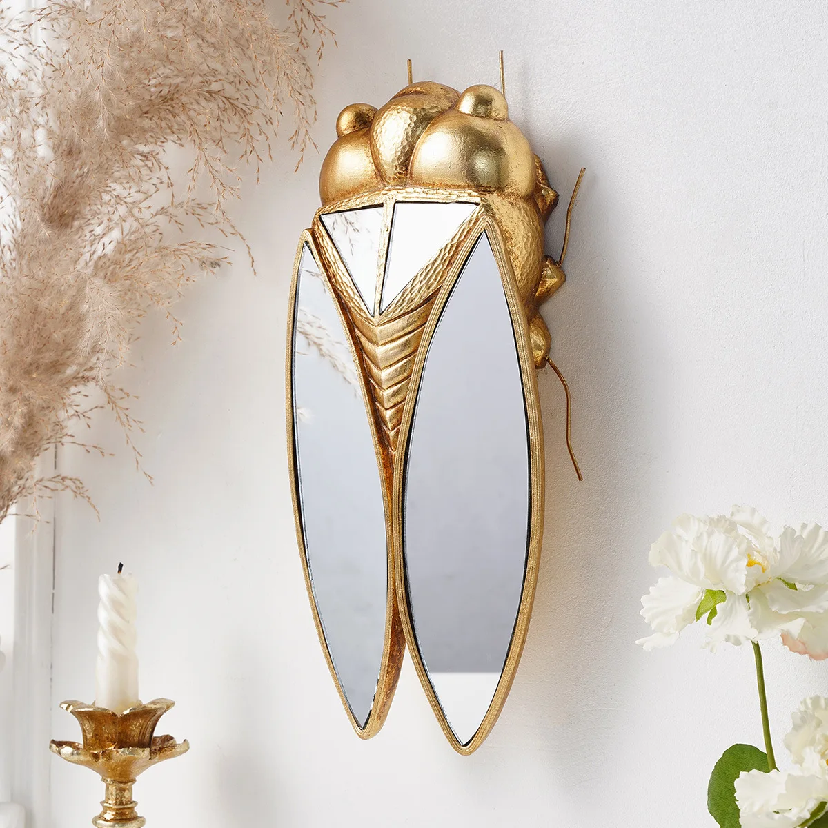 Golden Cicada Mirror Surface Insect Pendant Resin Handicrafts Mirror-winged Beetle Wall Hanging Room Decoration Accessories