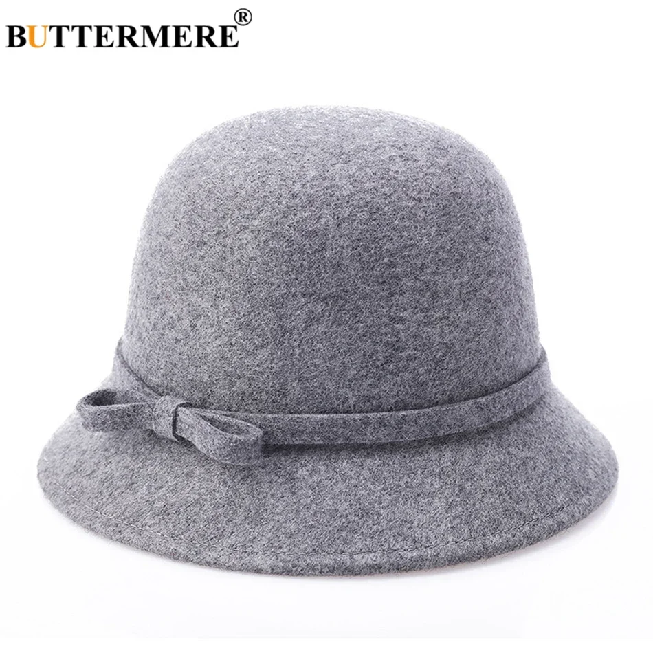 

BUTTERMERE Gray Real Wool Fedora Hat Women Elegant Ladies Felt Hat Bowtie British Style Winter Female Vintage Top Hat Black New