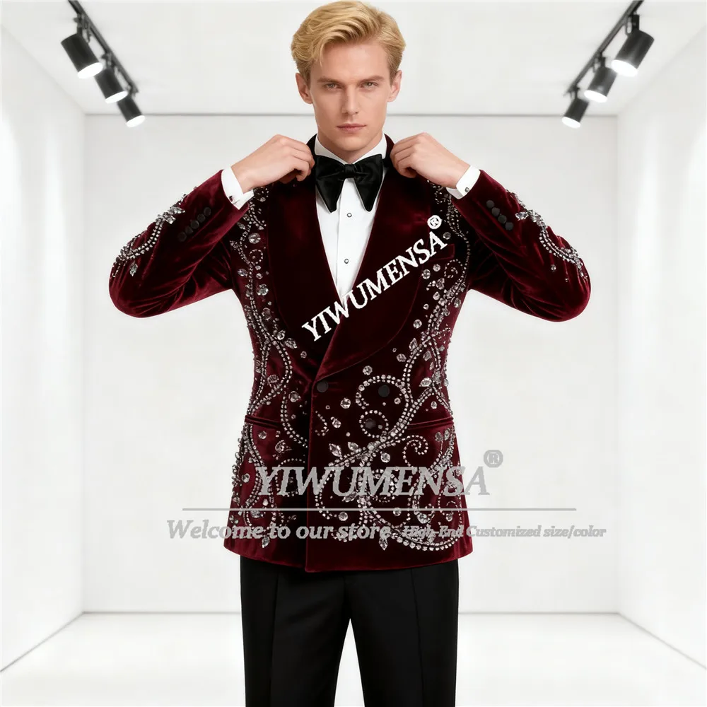 

Блестящие стразы, расшитые бисером костюм для мужчин, комплект из 2 предметов, бархатные пиджаки для жениха, черные брюки, мужские вечерние смокинги по индивидуальному заказу, наряды