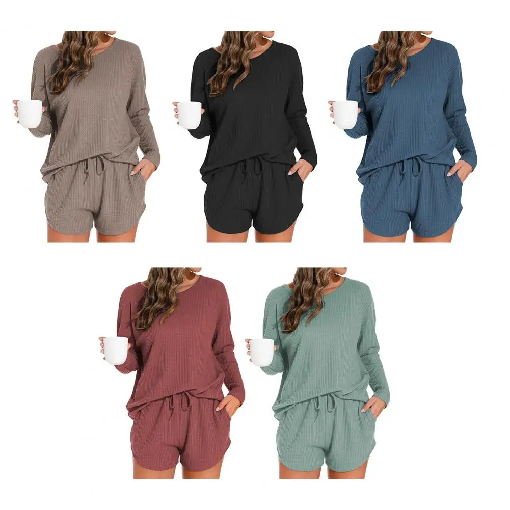 

New 2026 Summer Comfortable Sexy Pajama Set Women's Color O Neck Crop Top Soft Short Set Loungewear Clothes With Pockets