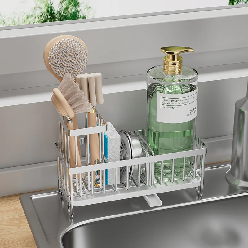 No-drill faucet organizer, kitchen sponge and dish soap storage rack, multi-functional steel wool and dishcloth draining rack