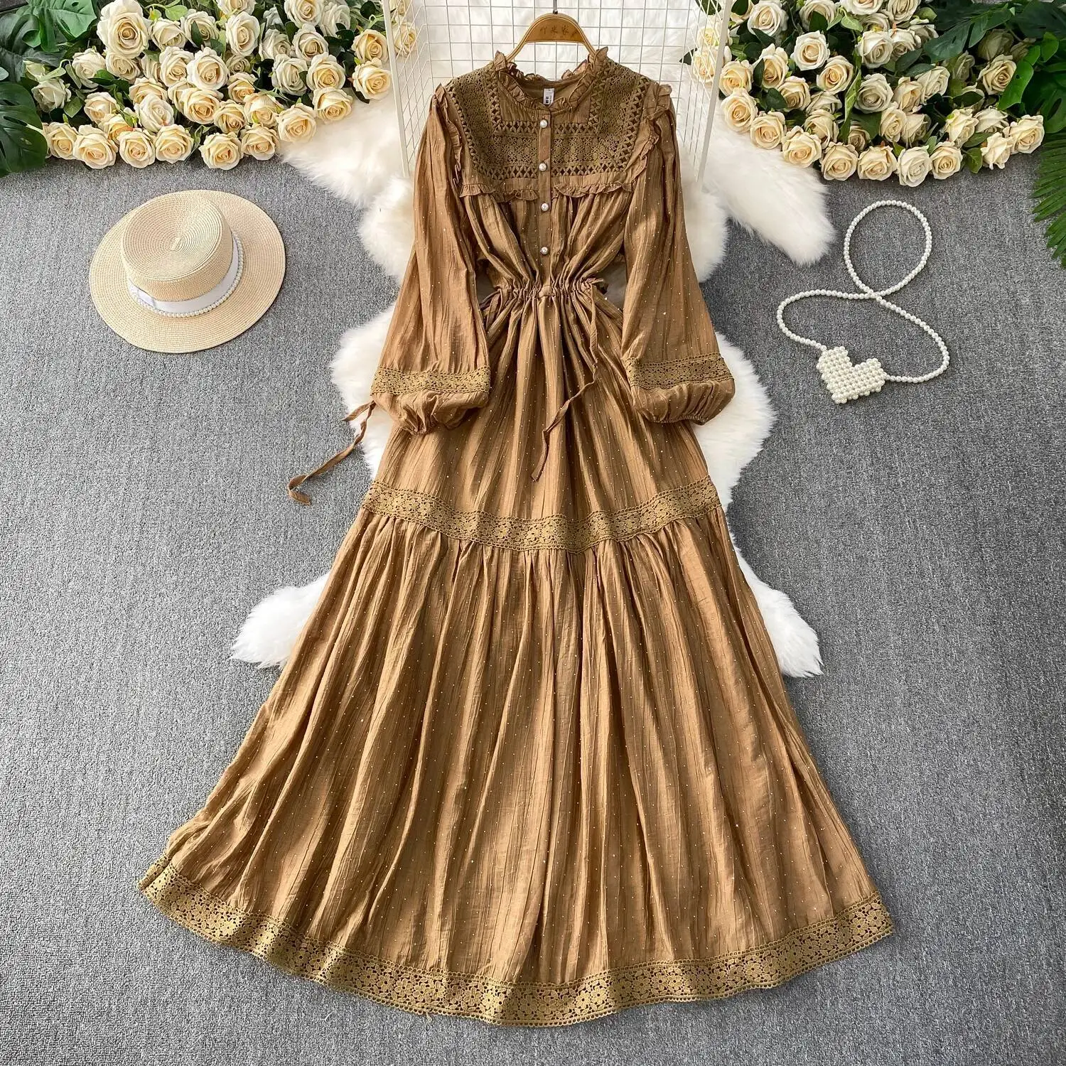 Chic vintage froncé strass épissé dentelle élégante fée mode coréenne Boho femmes vêtements robe longue