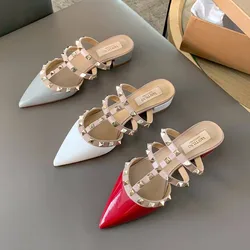 2024 New Summer Slippers Pointed Low Heels Fashion Thick Heel Riveted Ribbon Colored Women's Pointed Slippers Patent Leather