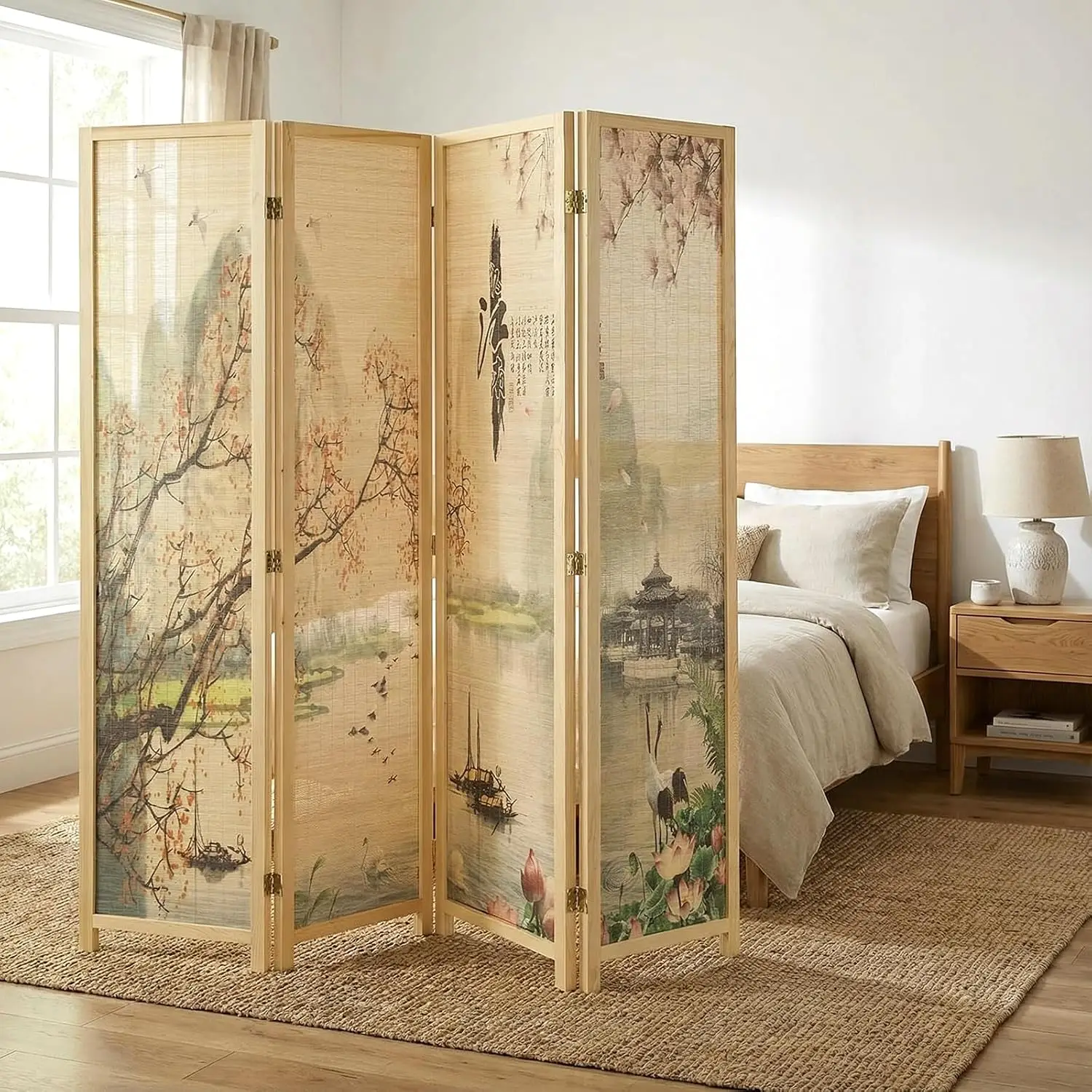 Foldable Bamboo Room Divider Privacy Screen, 4 Panel Freestanding Partition Wall Panel For Bedroom And Living Room, Floral Print Space Separator Screen, Asian Style Beige Wood Finish