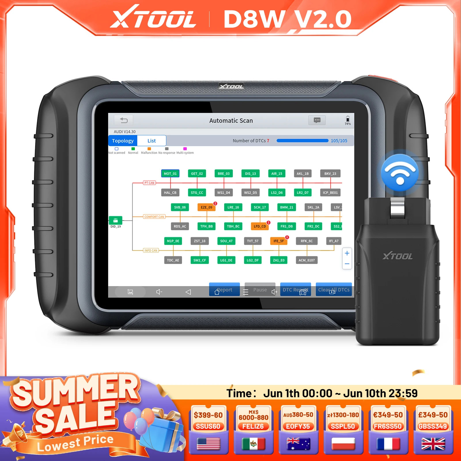 Outil de diagnostic OBD2 XTOOL D8W BT, codage ECU, scanner automobile Bluetooth, carte de topologie guidée VAG avec 42+ fonctions de réinitialisation CAN FD DOIP FCA