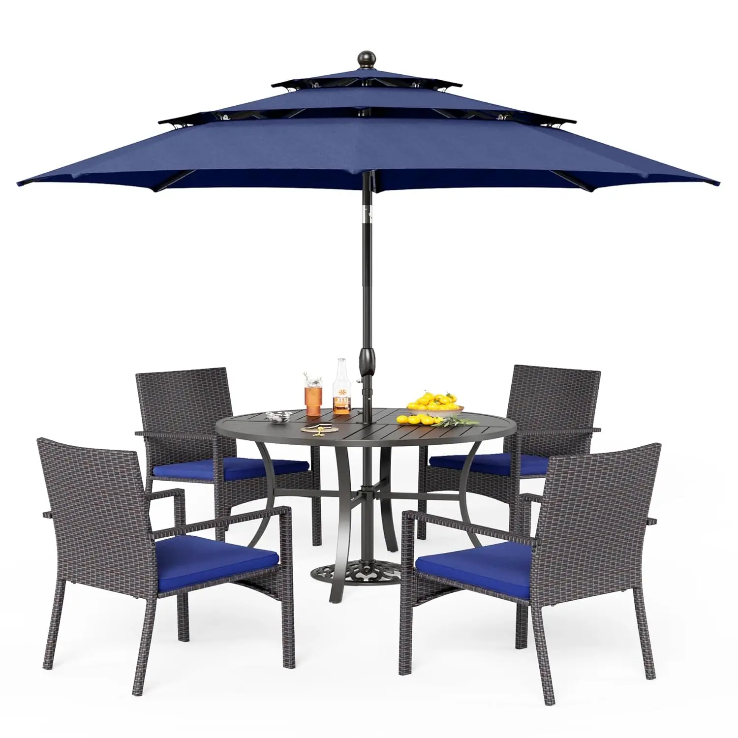 

5pc Metal Outdoor Dining Set Round Table Wicker Chairs Cushions Umbrella Patio Deck Yard Porch, Customized
