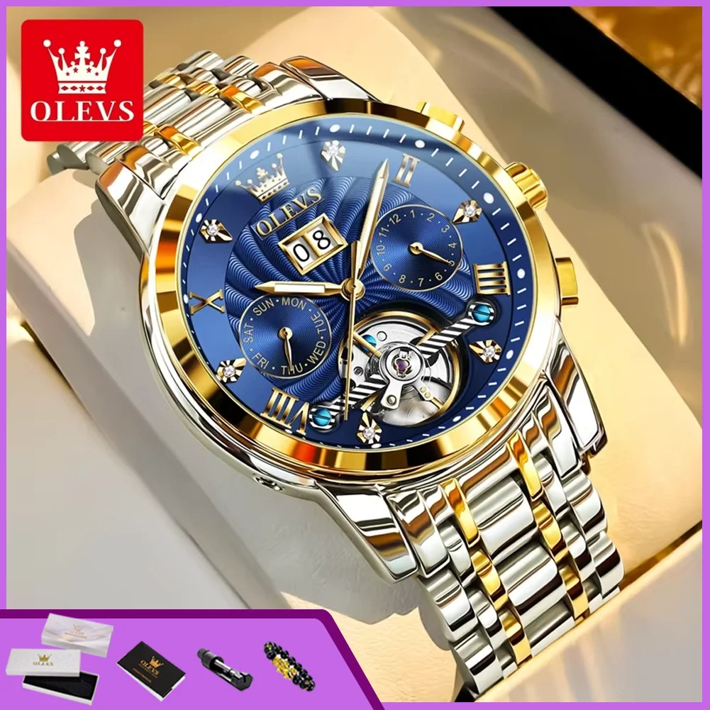 OLEVS 9910 Watch For Men Luxury Waterproof Mechanical Man Watch Stainless Steel Hollow Skeleton Calendar Automatic Hand Clock