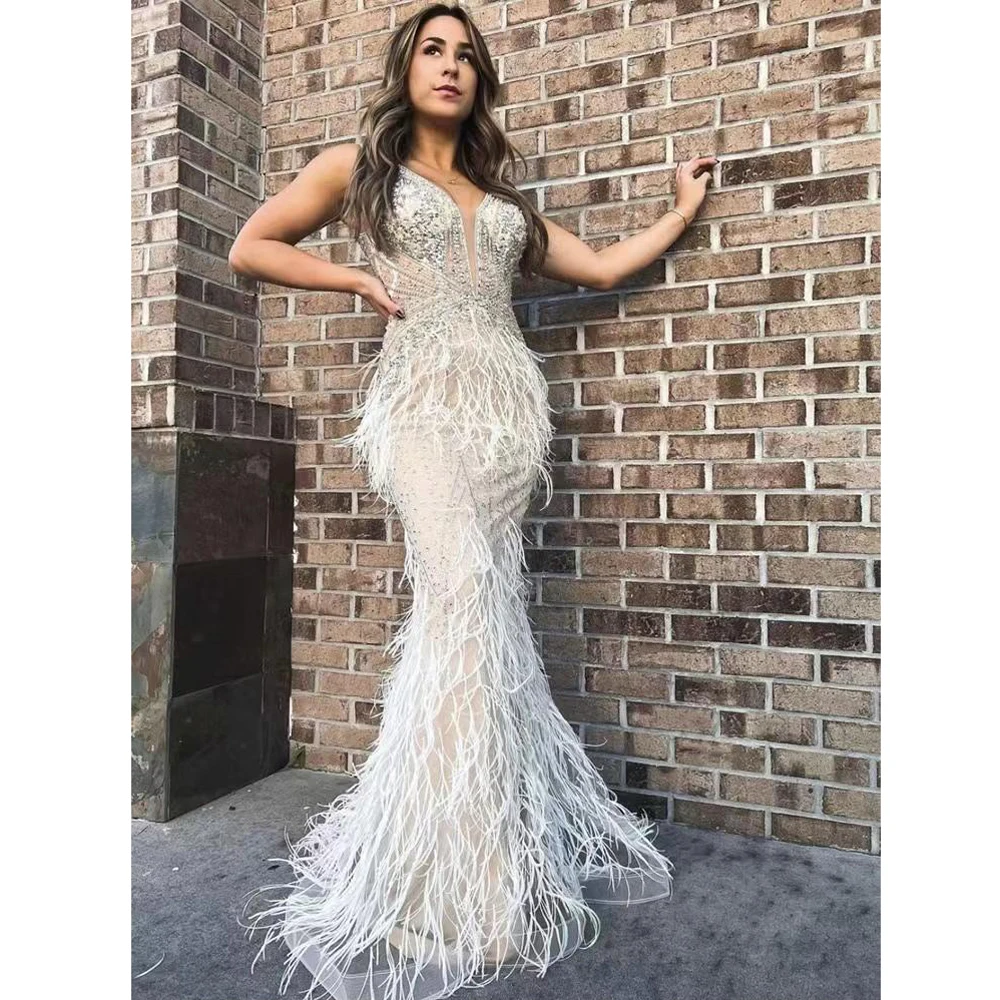 Elegant White Evening Dresses For Women 2023 Backless Luxury Dubai Sequined Beaded Sleeveless Arabic Vestidos Formal Party Gowns