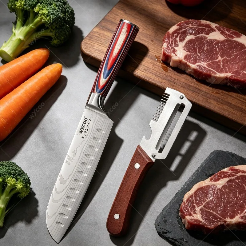 

WXCOO Damascus-Pattern Santoku Knife Colorful Wood-Handle Chef Knife for Daily Cooking Premium Kitchen Knife & Peeler Set