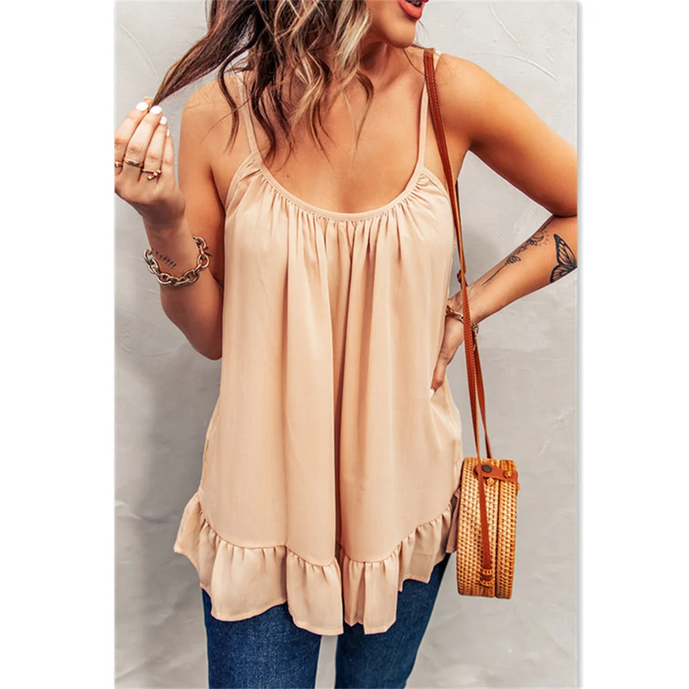 2022 Lady Ruffle Patchwork Shirt Women Spaghetti Strap Vest Summer Sleeveless Solid Casual Loose Female Street Tank Tops T Shirt