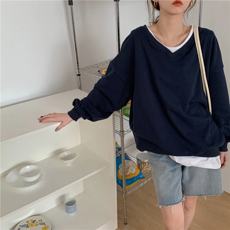 Sweatshirt Women Long Sleeve Korean Streetwear 2022 New Fashion Autumn Solid Color V-Neck Thin Pullover Tops