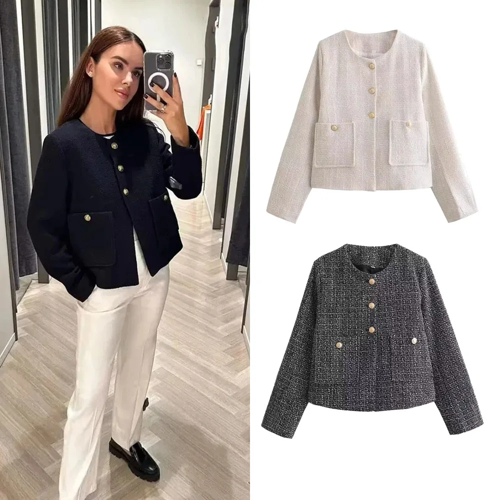 2024 Elegant Commuting Textured Jackets Office Lady O Neck Long Sleeves Solid With Pockets Buttons Female Vintage Coats