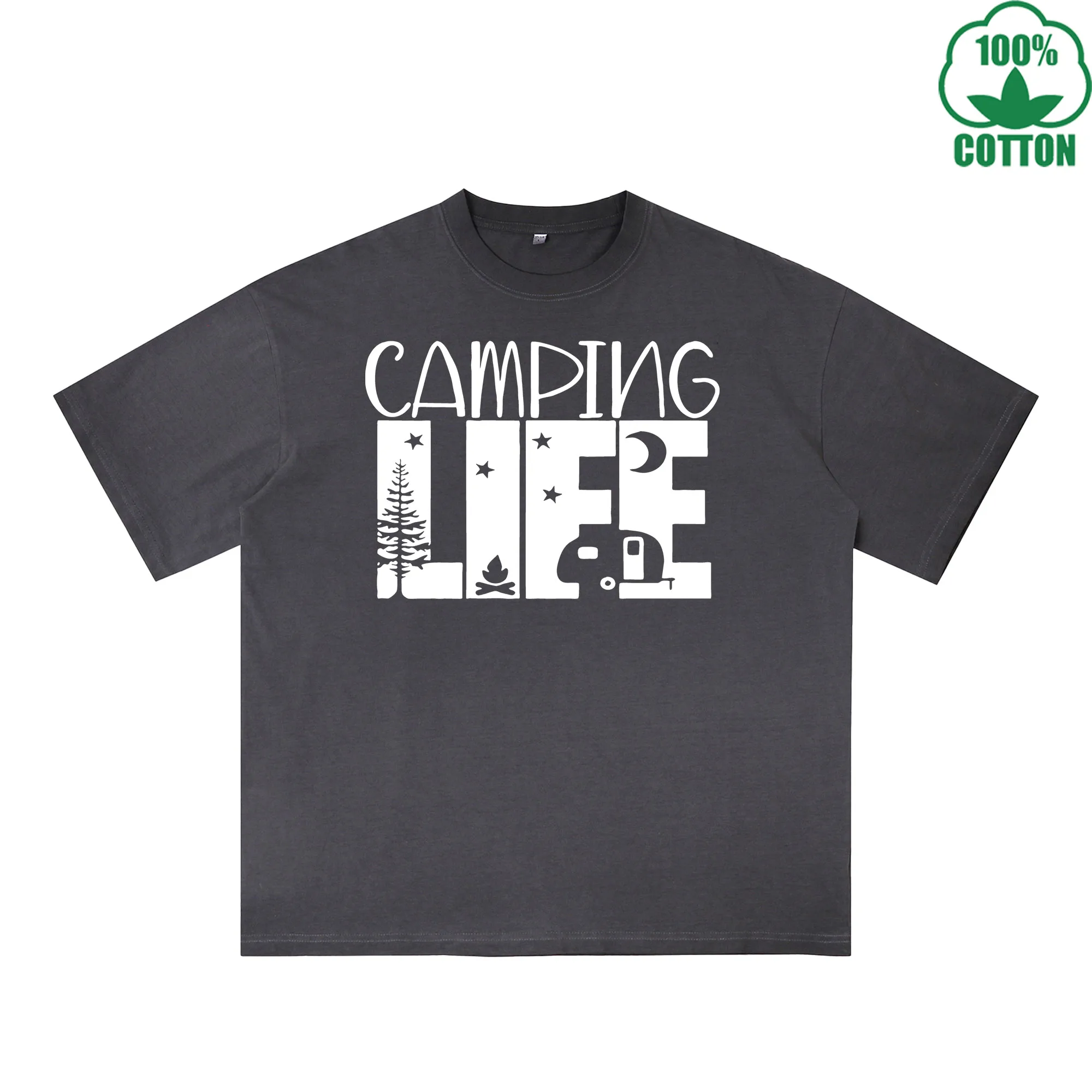Camping Printed Dirty WashT-Shirt 230G Multicolor Loose Trendy Fashionable 100%Cotton Short Sleeve Top