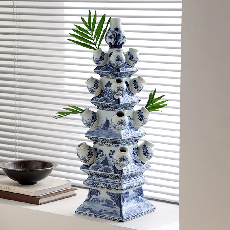 Ceramic Pagoda Sculpture Blue and White Porcelain Vase Indoor Floor Flower Arrangement Decor Chinese Wenchang Tower Ornament