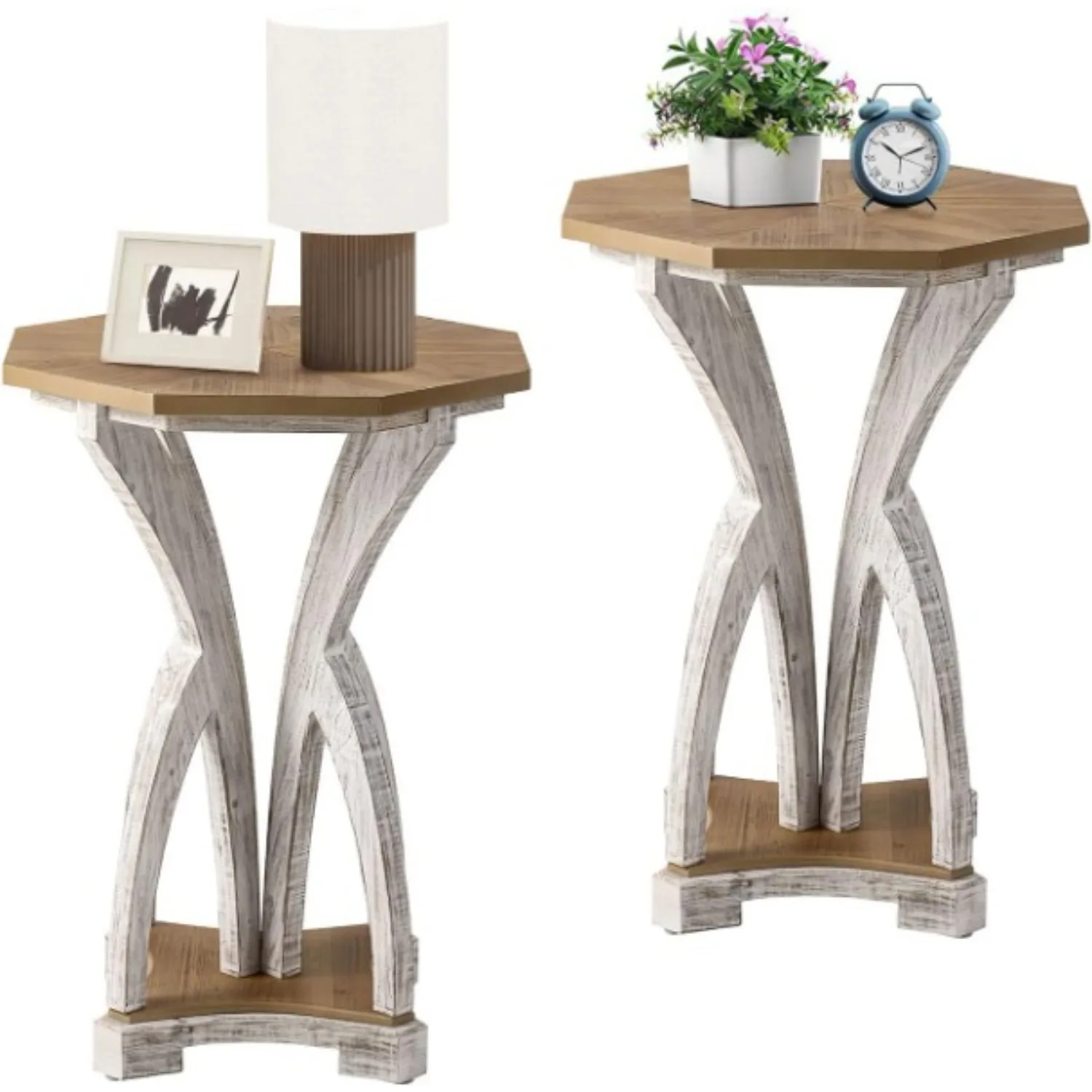 

Set of 2Rustic Accent End Table,Octagonal Farmhouse Wood Side Table with Curved Legs Pedestal Design,Distressed Whitewash Finish