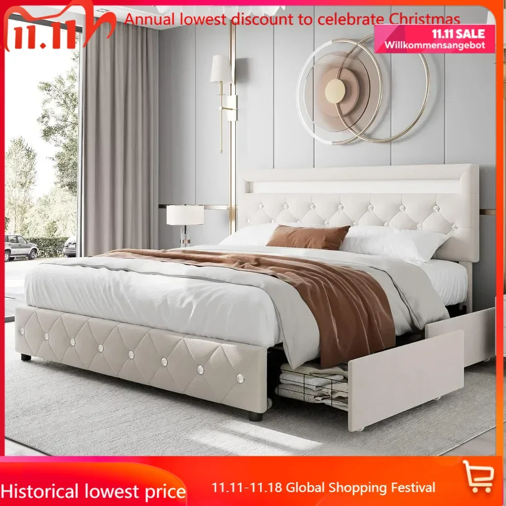 Velvet Upholstered Platform Bed, LED Bed Frame, with 4 Storage Drawers, Tufted Headboard