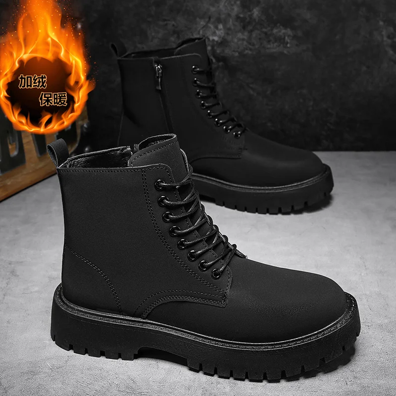 

Men's autumn and winter anti-slip high-top black lace-up casual leather shoes, fashionable and trendy high-top shoes