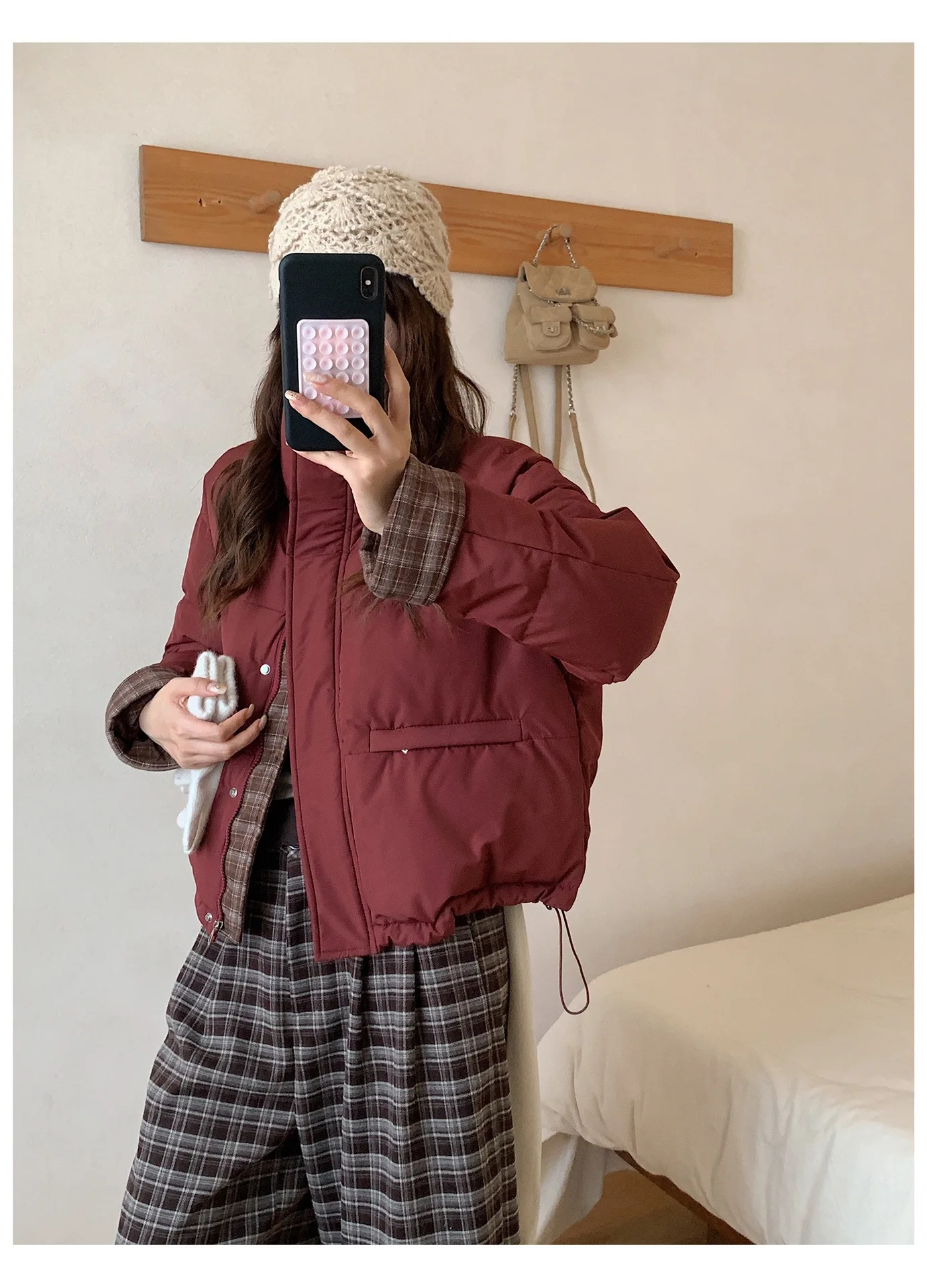 American Plaid Patchwork Puffer Jacket Women Winter Thick Stand Collar Short Parkas Woman Korean Casual Preppy Style Outerwear