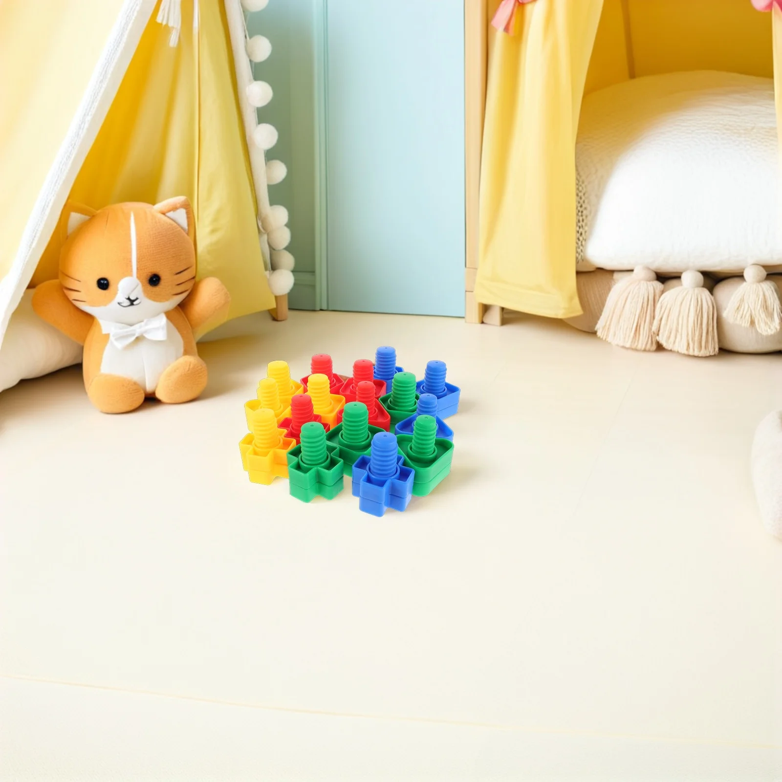 32 Paar Montessori-inspiriertes Schrauben- und Bolzen-Set, große Kunststoffmuttern für Kleinkinder, Stielbausatz, bunte Formsortierung