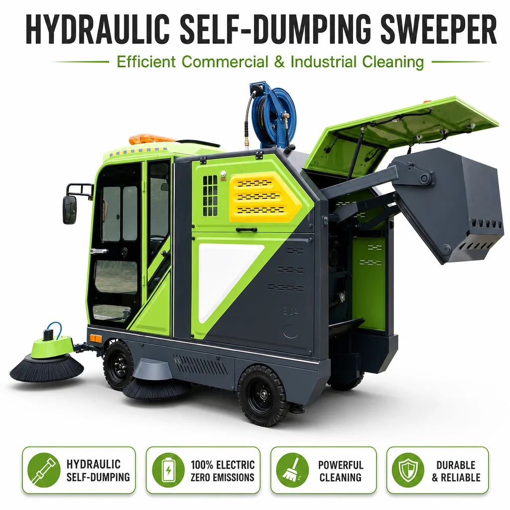 Industrial Ride-on Electric Street Sweeper 4-Wheel 48V 2300mm Road Cleaning Machine with 200L Self-Dumping Hopper High Pressure