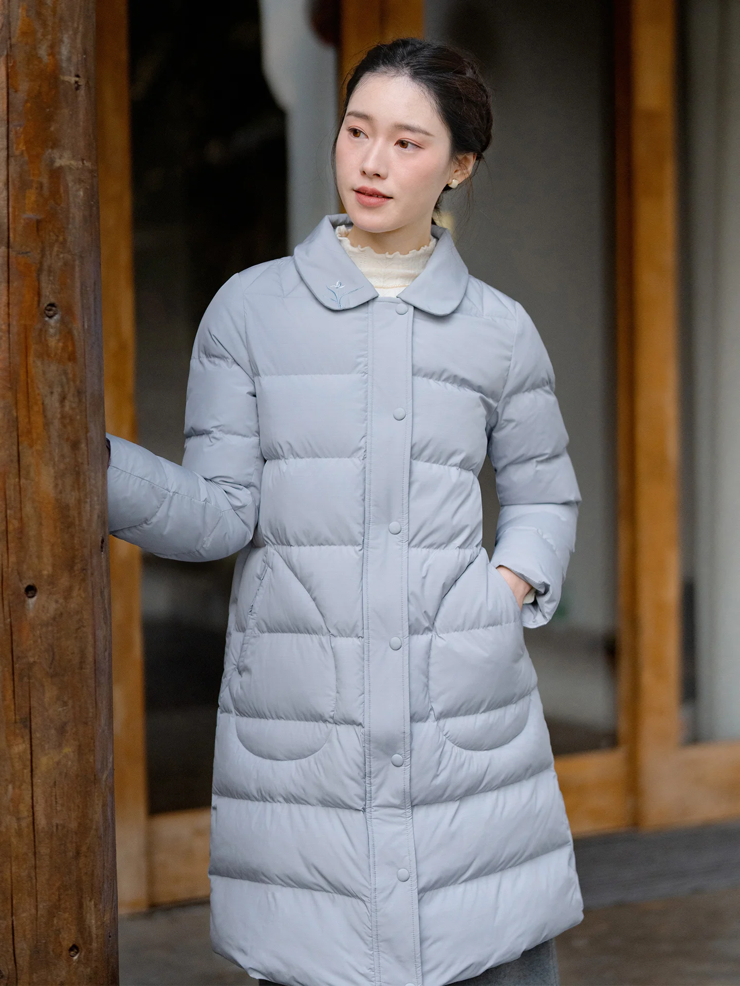 

Thiened Embroidered Casual Blue Cotton Jaet Women's Commute Outerwear Winter New Sle down Cotton Coat Artistic Sle