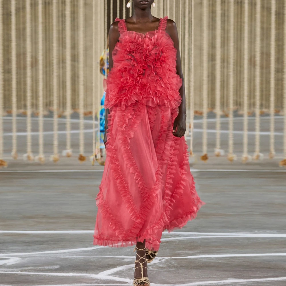 Falda de gasa de línea a roja para mujer, falda de fiesta de longitud media, volantes, hasta el tobillo, ropa de Organza hecha a medida, nueva moda