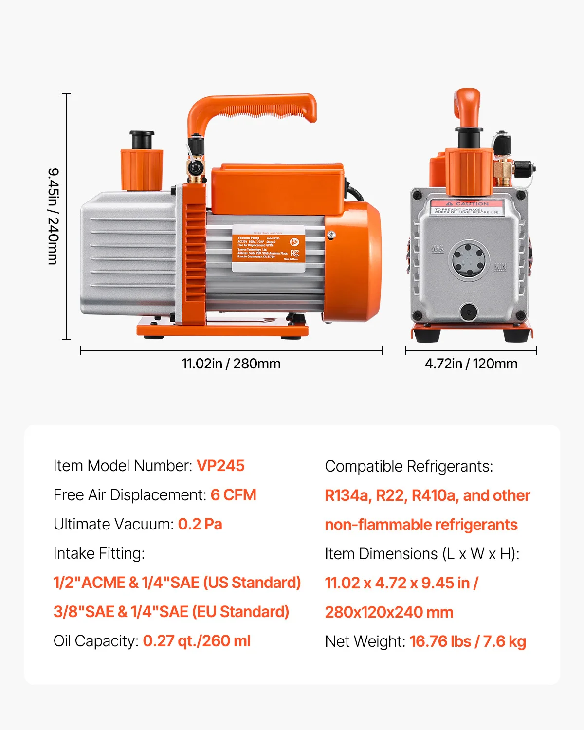 SucceBuy Vacuümpomp en oliefles 3.5CFM/4CFM/5CFM 1-traps of 6CFM 9CFM 2-traps, R134a R22 R410a Systemen Conditioner Onderhoud